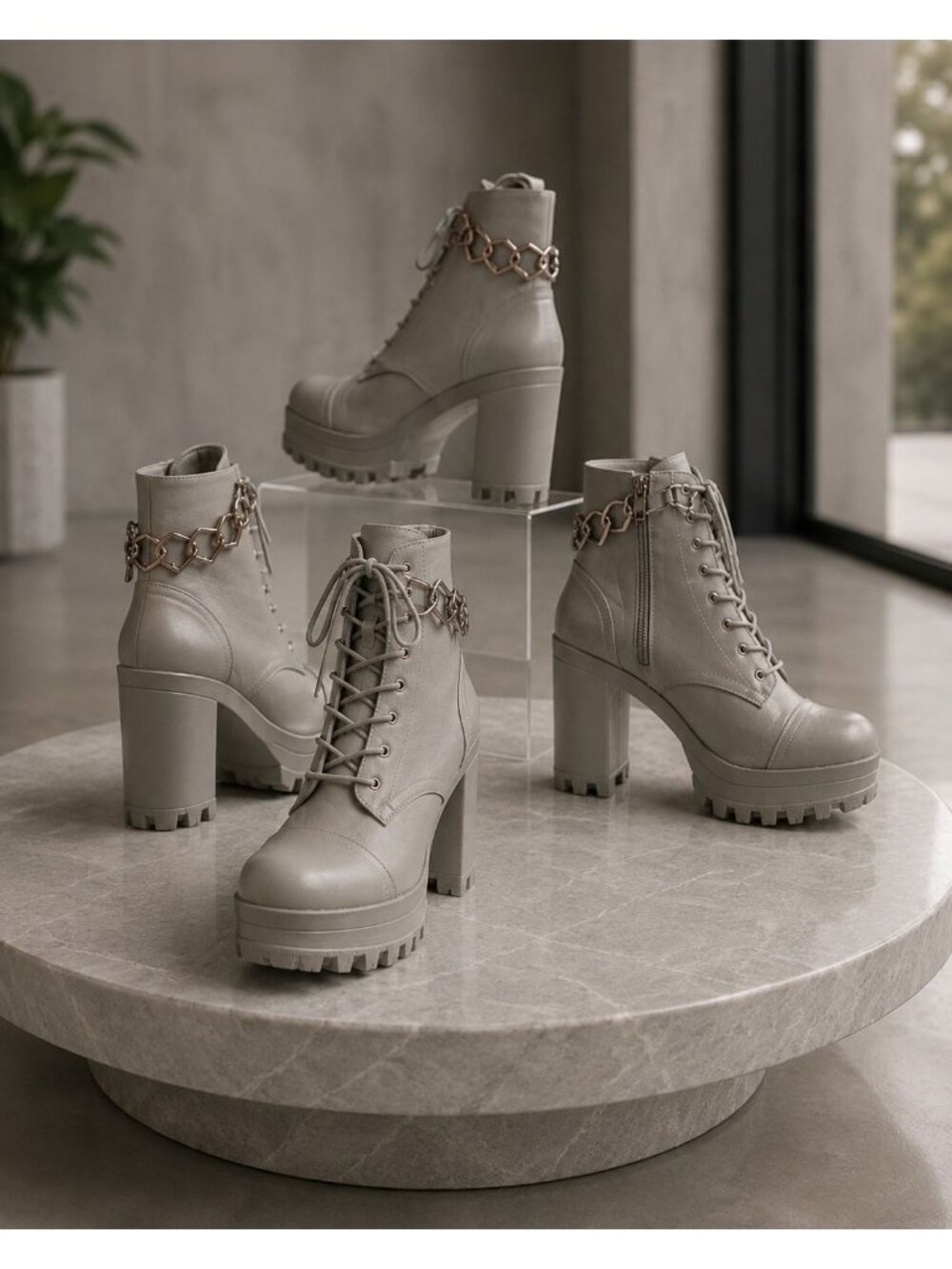 Olive Chunky Platform Lace-Up Ankle Boots With Chain Accent Block Heels And Side